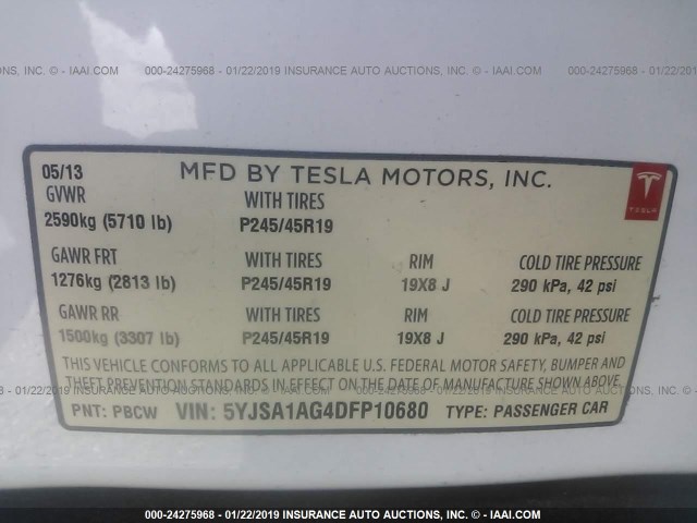 5YJSA1AG4DFP10680 - 2013 TESLA MODEL S Սպիտակ լուսանկար 9