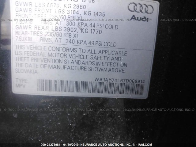 WA1AY74L67D069914 - 2007 AUDI Q7 3.6 QUATTRO BLACK photo 9