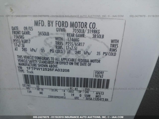 1FTPW12526FA03208 - 2006 FORD F150 SUPERCREW WHITE photo 9