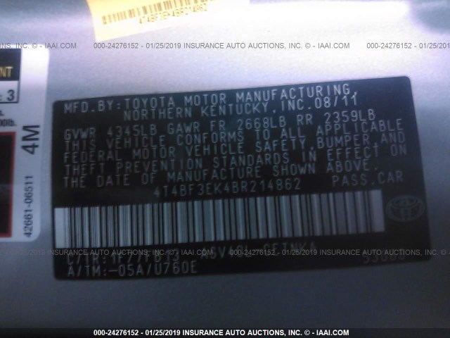 4T4BF3EK4BR214862 - 2011 TOYOTA CAMRY SE/LE/XLE 银色 照片 9