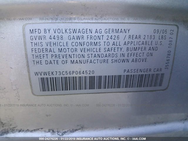 WVWEK73C56P064520 - 2006 VOLKSWAGEN PASSAT 2.0T LUXURY SILVER photo 9