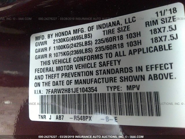 7FARW2H81JE104354 - 2018 HONDA CR-V EXL MAROON photo 9