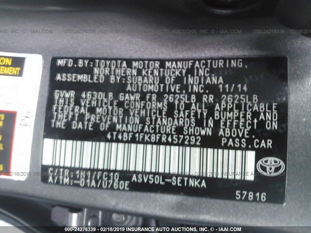 4T4BF1FK8FR457292 - 2015 TOYOTA CAMRY LE/XLE/SE/XSE GRAY photo 9