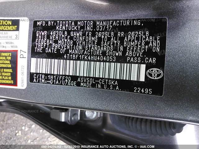 4T1BF1FK4HU404053 - 2017 TOYOTA CAMRY LE/XLE/SE/XSE BLACK photo 9