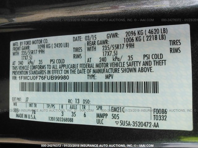 1FMCU0F76FUB99980 - 2015 FORD ESCAPE S GRAY photo 9