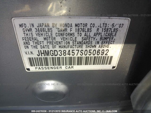 JHMGD38457S050692 - 2007 HONDA FIT GRAY photo 9