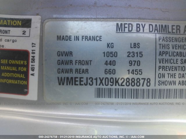 WMEEJ31X09K288878 - 2009 SMART FORTWO PURE/PASSION RED photo 9