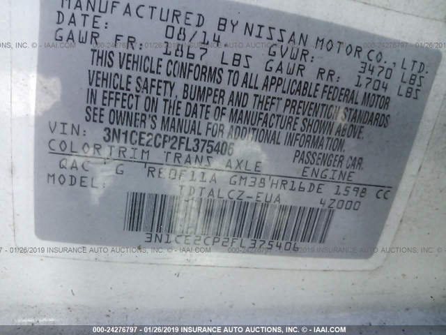 3N1CE2CP2FL375406 - 2015 NISSAN VERSA NOTE S/S PLUS/SV/SL/SR SILVER photo 9