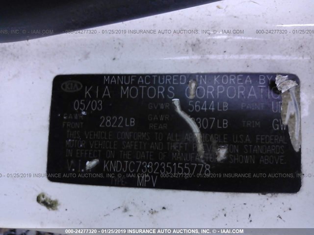 KNDJC733235155778 - 2003 KIA SORENTO EX/LX WHITE photo 9