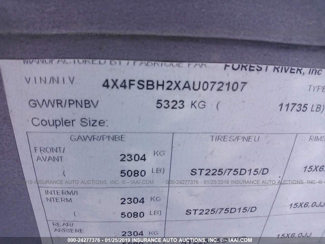 4X4FSBH2XAU072107 - 2010 FOREST RIVER SALEM LA  白色 照片 9