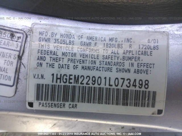 1HGEM22901L073498 - 2001 HONDA CIVIC SI/EX SILVER photo 9