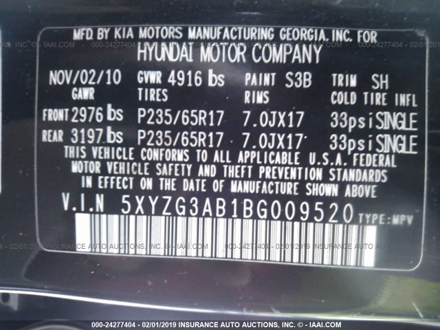 5XYZG3AB1BG009520 - 2011 HYUNDAI SANTA FE GLS BLACK photo 9