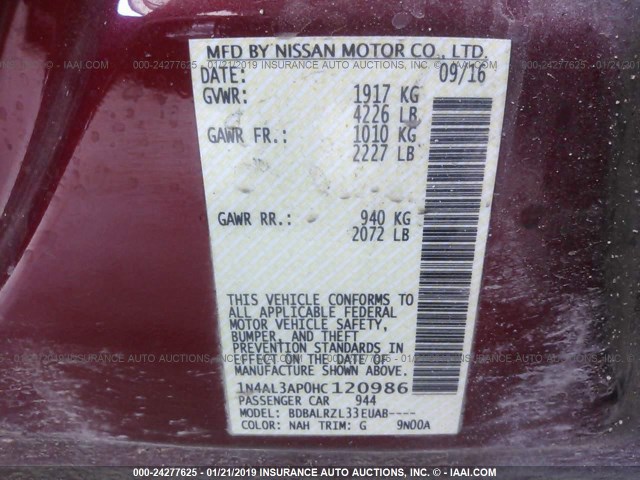 1N4AL3AP0HC120986 - 2017 NISSAN ALTIMA 2.5/S/SV/SL/SR RED photo 9