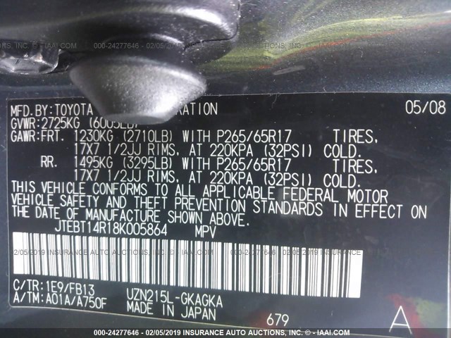 JTEBT14R18K005864 - 2008 TOYOTA 4RUNNER SR5/SPORT GRAY photo 9