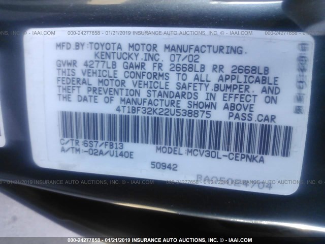 4T1BF32K22U538875 - 2002 TOYOTA CAMRY LE/XLE/SE Жасыл фото 9