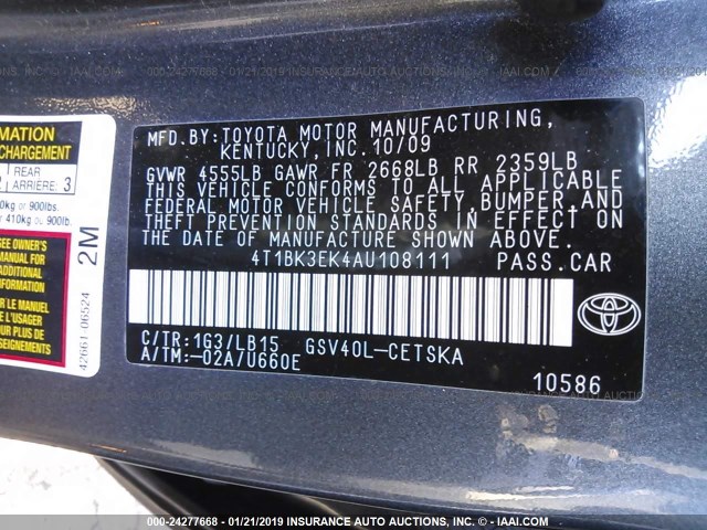 4T1BK3EK4AU108111 - 2010 TOYOTA CAMRY SE/LE/XLE GRAY photo 9