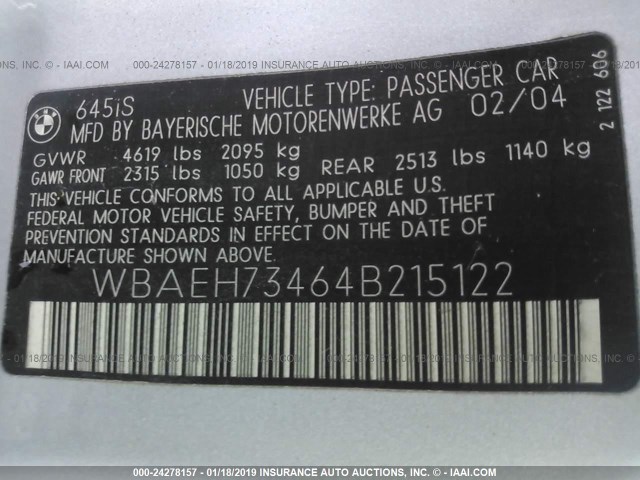WBAEH73464B215122 - 2004 BMW 645 CI AUTOMATIC Gümüş fotoğraf 9