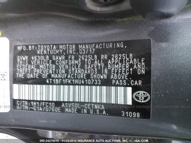 4T1BF1FK1HU410733 - 2017 TOYOTA CAMRY LE/XLE/SE/XSE GRAY photo 9