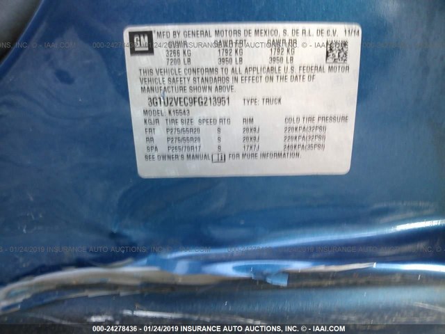 3GTU2VEC9FG213951 - 2015 GMC SIERRA K1500 SLT BLUE photo 9