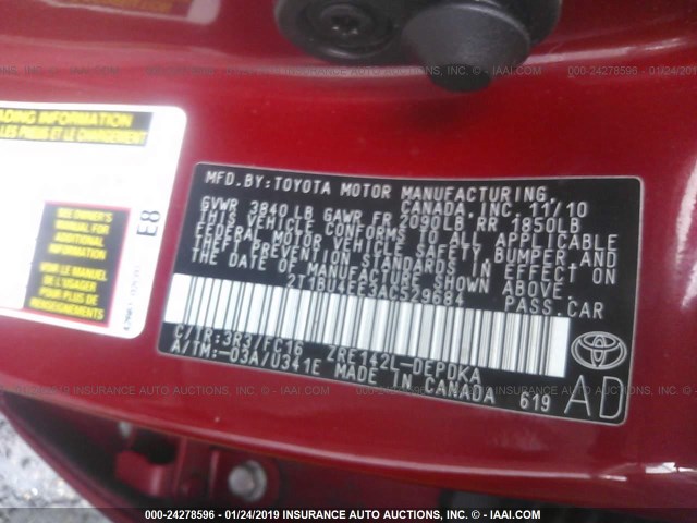 2T1BU4EE3AC529684 - 2010 TOYOTA COROLLA S/LE/XLE RED photo 9