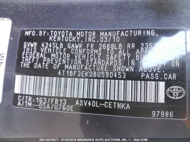 4T1BF3EK0BU590453 - 2011 TOYOTA CAMRY SE/LE/XLE 灰色 照片 9