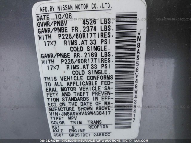 JN8AS58V49W438417 - 2009 NISSAN ROGUE GRAY photo 9