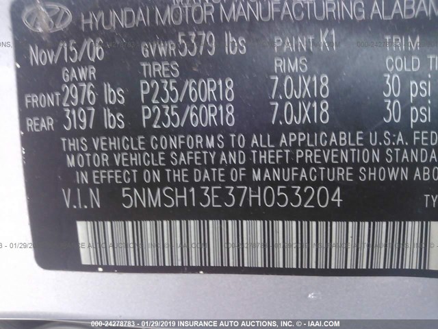 5NMSH13E37H053204 - 2007 HYUNDAI SANTA FE SE/LIMITED SILVER photo 9