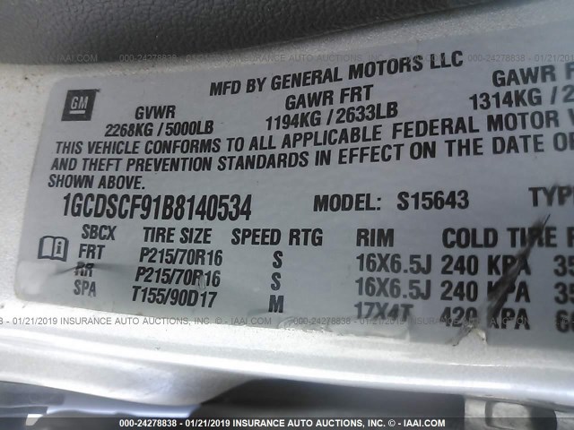 1GCDSCF91B8140534 - 2011 CHEVROLET COLORADO LT SILVER photo 9