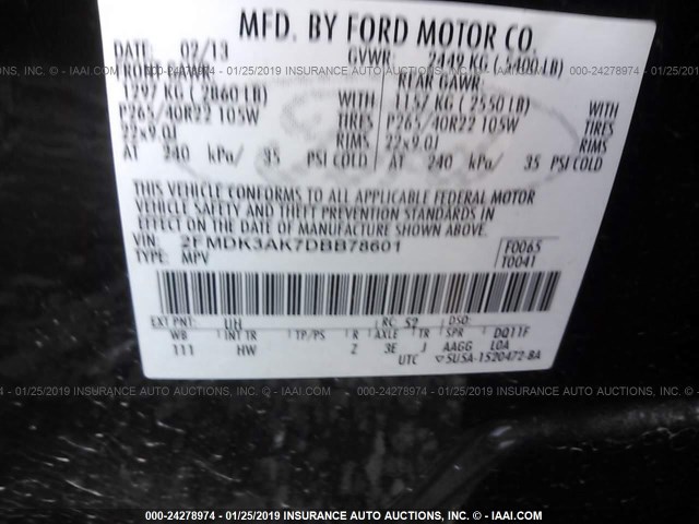 2FMDK3AK7DBB78601 - 2013 FORD EDGE SPORT BLACK photo 9