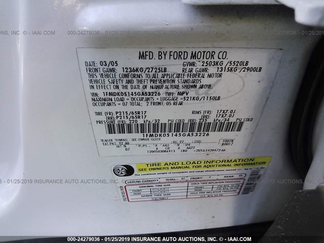 1FMDK05145GA53226 - 2005 FORD FREESTYLE SEL WHITE photo 9