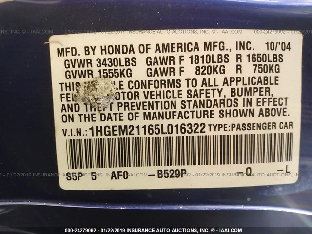 1HGEM21165L016322 - 2005 HONDA CIVIC DX VP BLUE photo 9