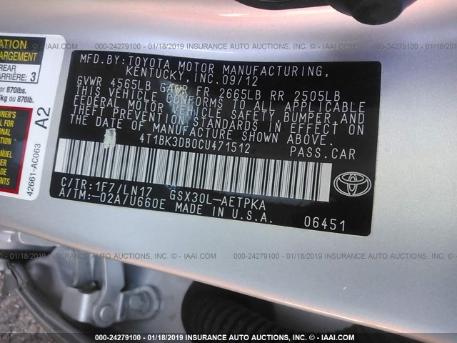 4T1BK3DB0CU471512 - 2012 TOYOTA AVALON LIMITED SILVER photo 9