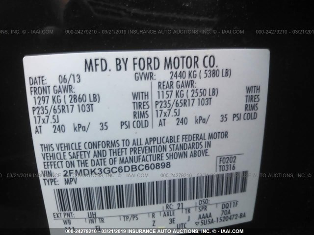 2FMDK3GC6DBC60898 - 2013 FORD EDGE SE BLACK photo 9