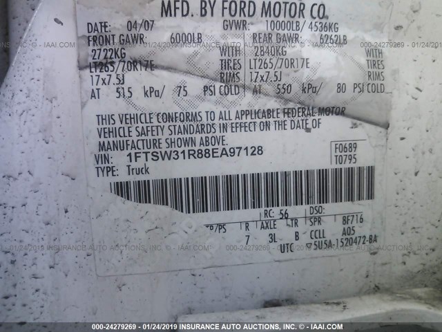 1FTSW31R88EA97128 - 2008 FORD F350 SRW SUPER DUTY WHITE photo 9