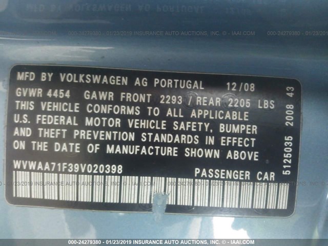 WVWAA71F39V020398 - 2009 VOLKSWAGEN EOS TURBO/KOMFORT Light Blue photo 9