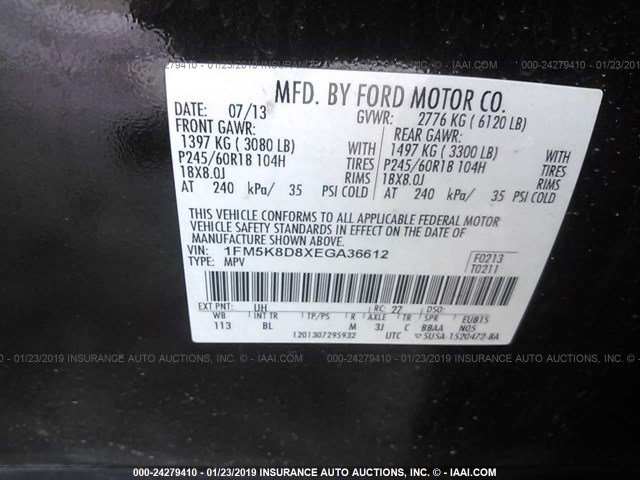 1FM5K8D8XEGA36612 - 2014 FORD EXPLORER XLT BLACK photo 9