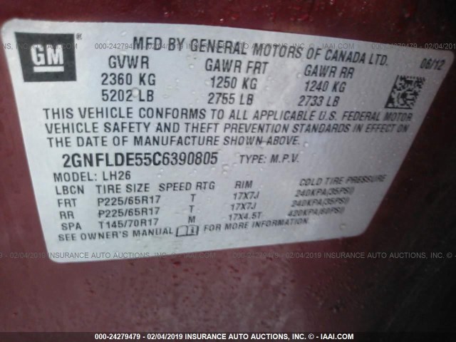 2GNFLDE55C6390805 - 2012 CHEVROLET EQUINOX LT RED photo 9