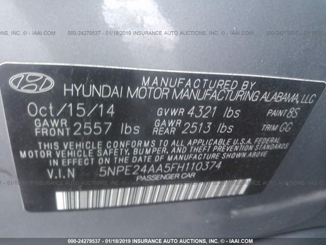 5NPE24AA5FH110374 - 2015 HYUNDAI SONATA ECO GRAY photo 9