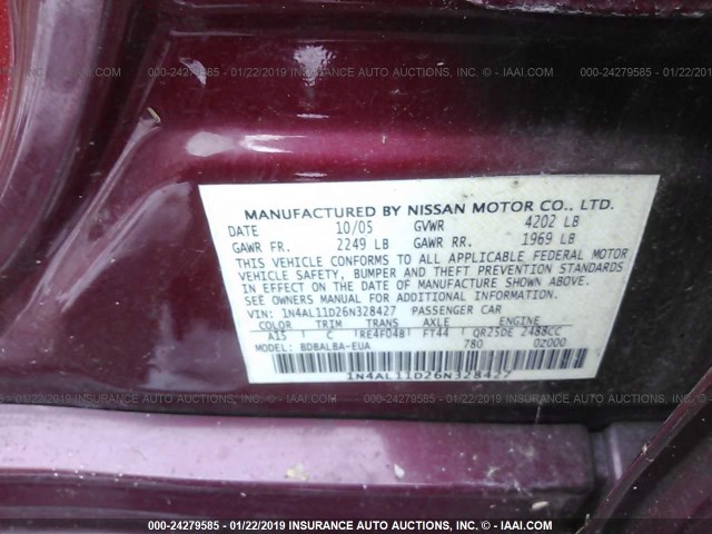 1N4AL11D26N328427 - 2006 NISSAN ALTIMA S/SL RED photo 9