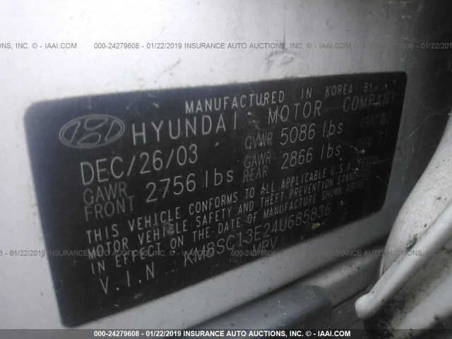 KM8SC13E24U685836 - 2004 HYUNDAI SANTA FE GLS/LX WHITE photo 9