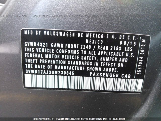 3VWD17AJ3GM230845 - 2016 VOLKSWAGEN JETTA SPORT GRAY photo 9