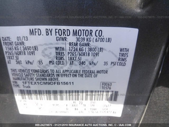 1FTEX1CM9DFB15611 - 2013 FORD F150 SUPER CAB SILVER photo 9