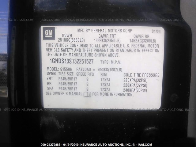 1GNDS13S132251527 - 2003 CHEVROLET TRAILBLAZER  BLACK photo 9