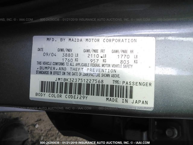 JM1BK323751227568 - 2005 MAZDA 3 S SILVER photo 9