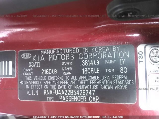 KNAFU4A22B5426247 - 2011 KIA FORTE EX RED photo 9