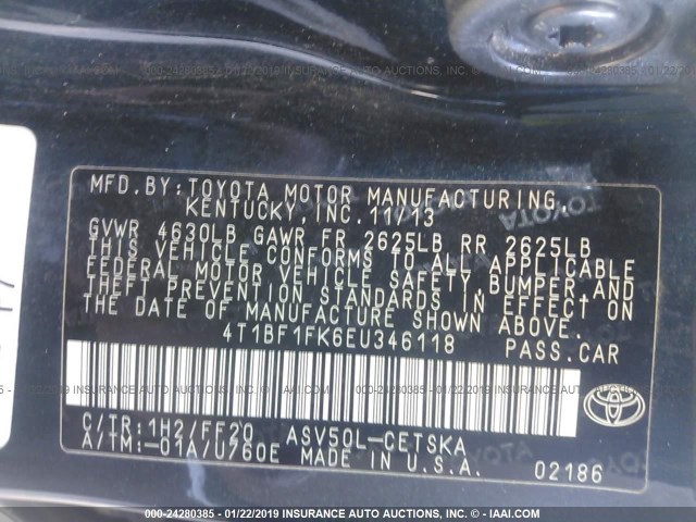 4T1BF1FK6EU346118 - 2014 TOYOTA CAMRY L/SE/LE/XLE 黑色 照片 9