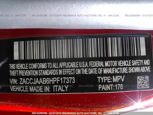 ZACCJAAB6HPF17373 - 2017 JEEP RENEGADE SPORT Կարմիր լուսանկար 9