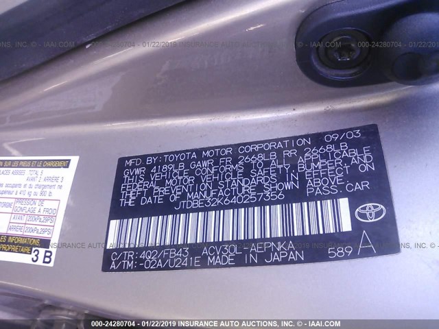 JTDBE32K640257356 - 2004 TOYOTA CAMRY LE/XLE Қоңыр фото 9