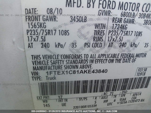 1FTEX1C81AKE43840 - 2010 FORD F150 SUPER CAB WHITE photo 9