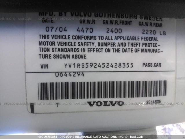 YV1RS592452428355 - 2005 VOLVO S60 2.5T WHITE photo 9